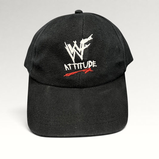 Raree Finds vintage black WWF Attitude Era snapback hat with white scratch logo and red embroidery detail