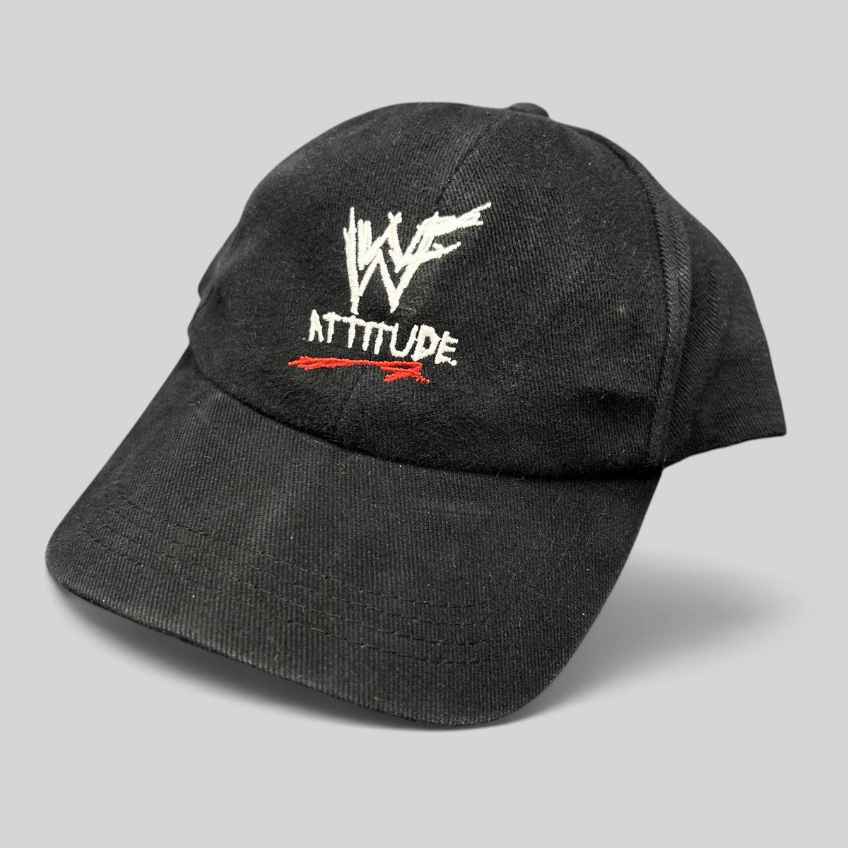 Raree Finds vintage black WWF Attitude Era snapback hat with white and red embroidered scratch logo