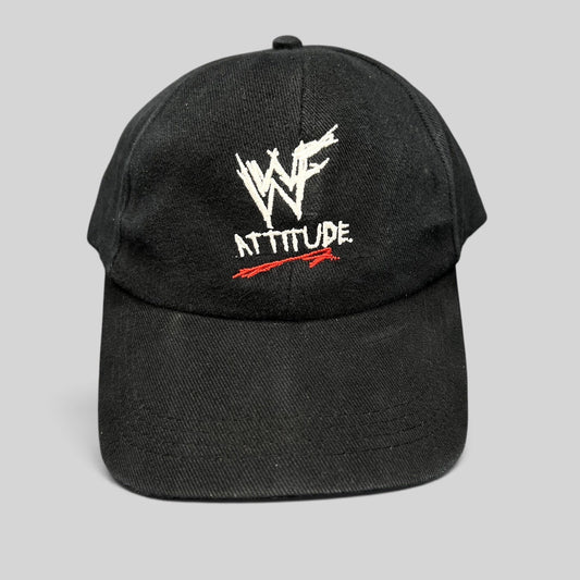 Raree Finds vintage black WWF Attitude Era snapback hat with white scratch logo and red embroidery detail
