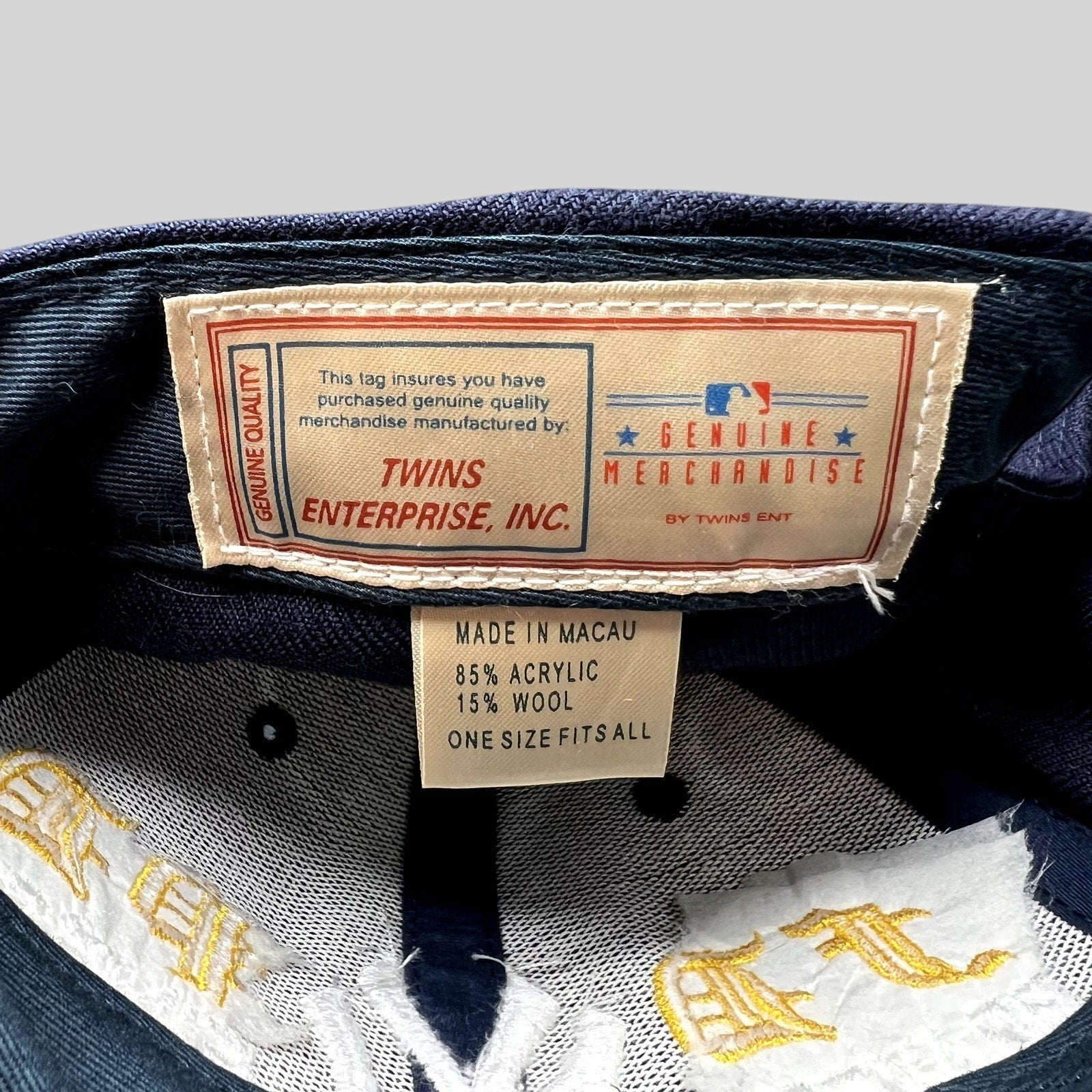 Raree Finds vintage Twins Enterprise New York Yankees hat interior label showing material and manufacturing details
