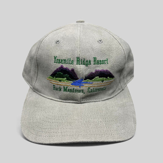 Raree Finds vintage 90s sage green cotton strapback hat with embroidered Yosemite Ridge Resort mountain landscape
