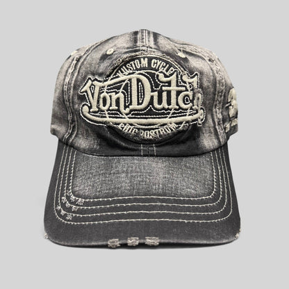 Raree Finds vintage Von Dutch Custom Cycles distressed black and grey acid-washed denim strapback hat with embroidery.
