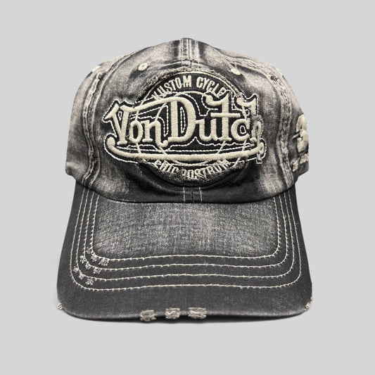 Raree Finds vintage Von Dutch Custom Cycles distressed black and grey acid-washed denim strapback hat with embroidery.