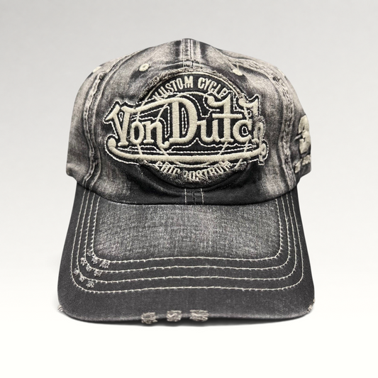 Raree Finds vintage Von Dutch Custom Cycles distressed black and grey acid-washed denim strapback hat with embroidery.