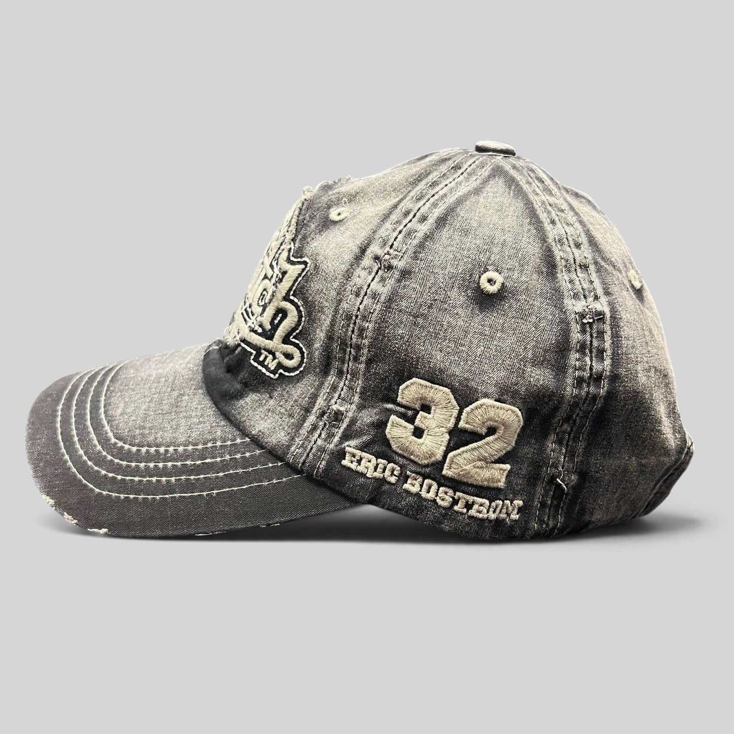Raree Finds Von Dutch Erik Bostrom distressed black and grey acid-wash denim strapback cap with side embroidery