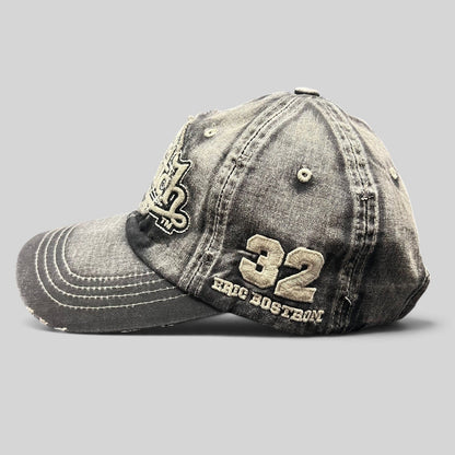 Raree Finds Von Dutch Erik Bostrom distressed black and grey acid-wash denim strapback cap with side embroidery