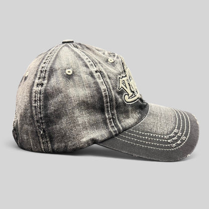 Raree Finds Von Dutch distressed black and grey acid-wash denim strapback cap with heavy contrast stitching