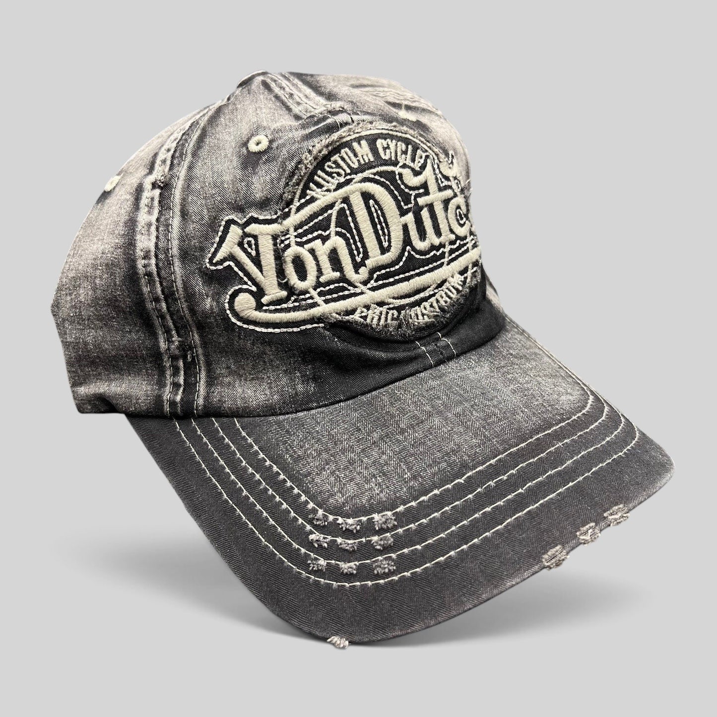 Raree Finds Von Dutch distressed black and grey acid-washed denim strapback hat with heavy embroidery and contrast stitching