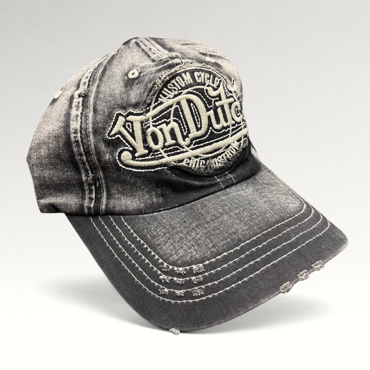 Raree Finds Von Dutch distressed black and grey acid-washed denim strapback hat with heavy embroidery and contrast stitching