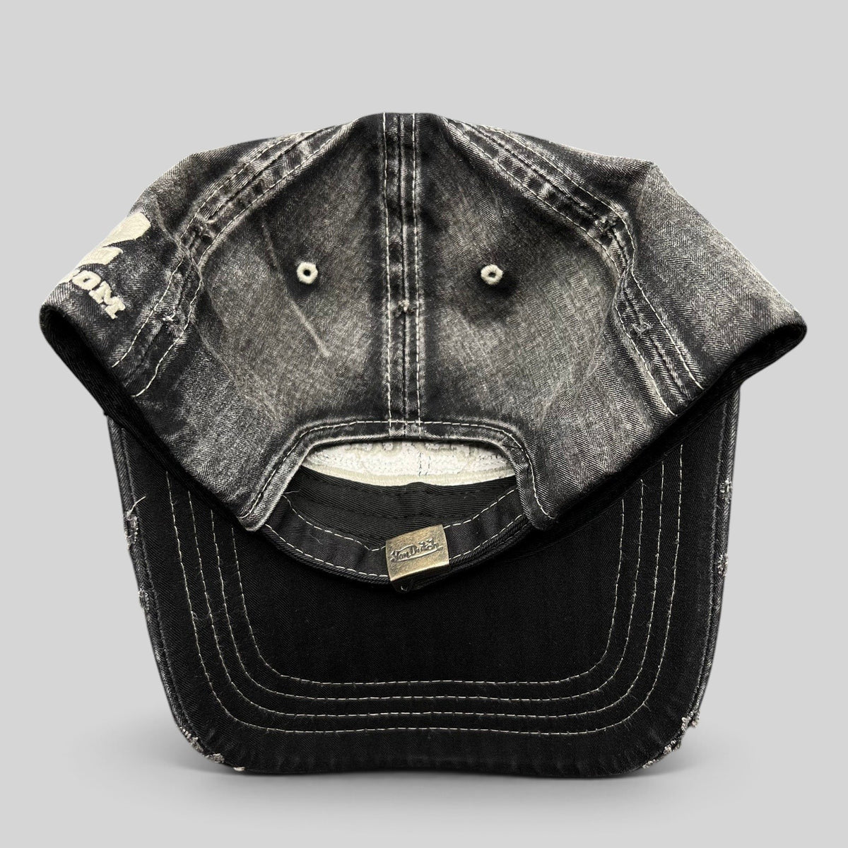Raree Finds Von Dutch distressed black and grey acid-washed denim strapback cap with metal logo buckle