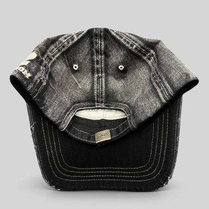 Raree Finds Von Dutch distressed black and grey acid-washed denim strapback cap with metal logo buckle
