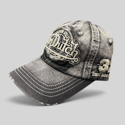 Raree Finds Von Dutch distressed black and grey acid-wash denim strapback hat with custom cycles embroidery