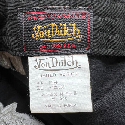 Raree Finds Von Dutch Limited Edition hat interior label showing 100% cotton construction and Made in Korea tag.
