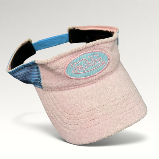 Raree Finds vintage Von Dutch Y2K pink and blue terry cloth visor with an oval logo patch and plastic strapback.