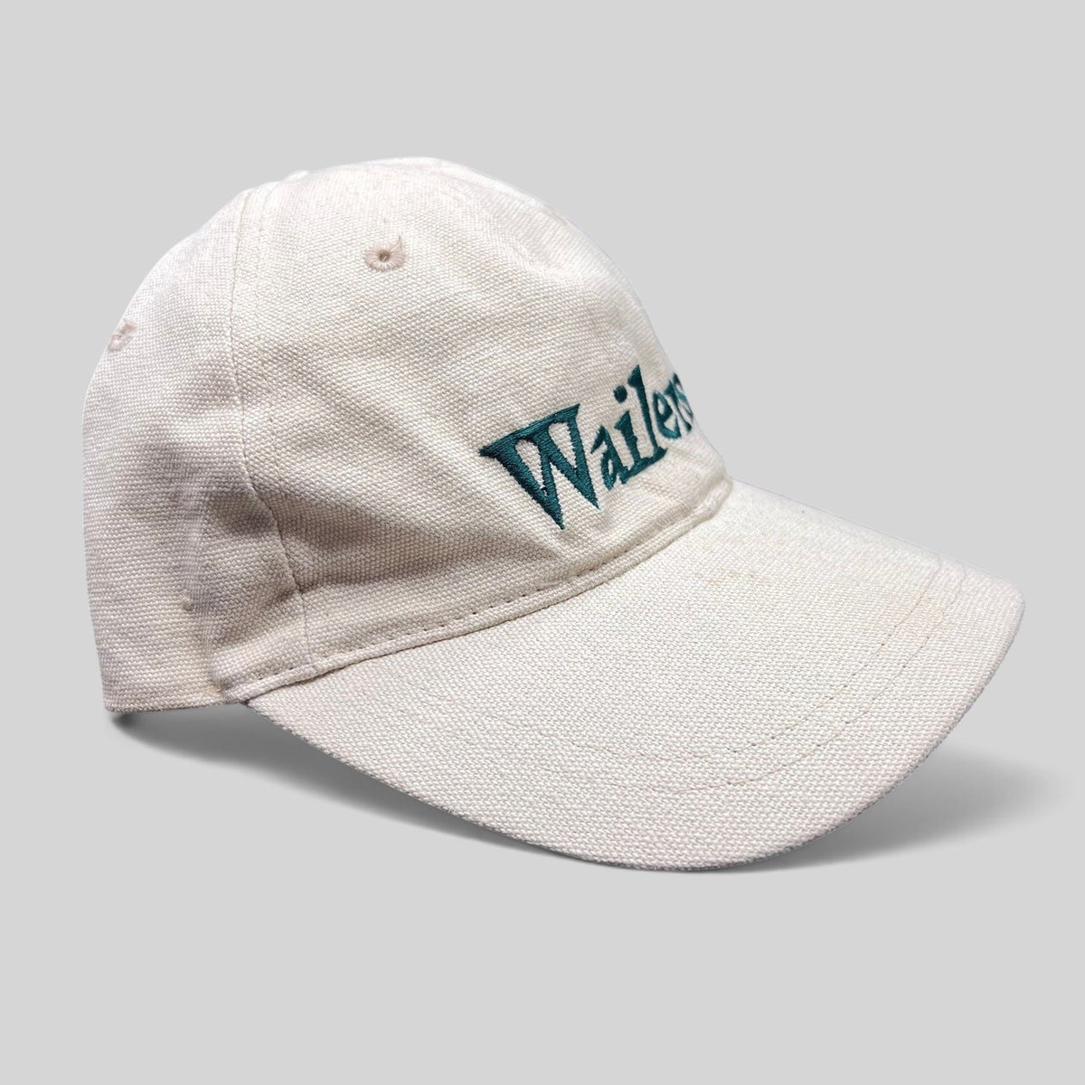 Raree Finds vintage off-white cotton canvas strapback hat with green embroidered Wailers band logo