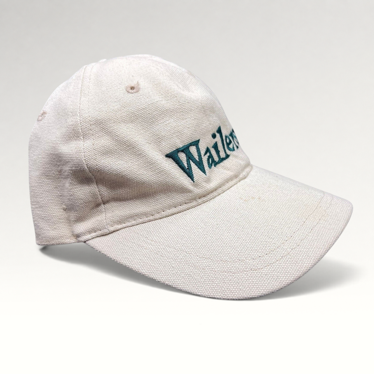 Raree Finds vintage off-white cotton canvas strapback hat with green embroidered Wailers band logo