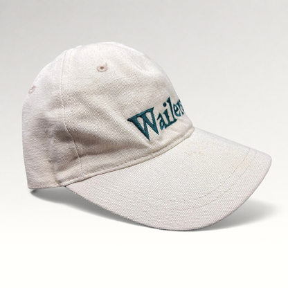 Raree Finds vintage off-white cotton canvas strapback hat with green embroidered Wailers band logo
