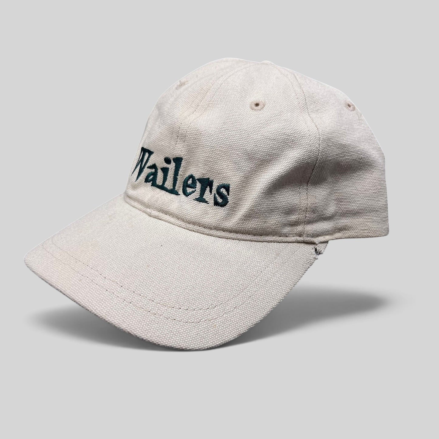 Raree Finds vintage 90s Wailers reggae strapback hat in off-white cotton canvas with dark green embroidered logo.