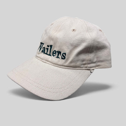 Raree Finds vintage 90s Wailers reggae strapback hat in off-white cotton canvas with dark green embroidered logo.