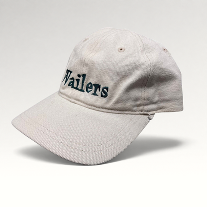 Raree Finds vintage 90s Wailers reggae strapback hat in off-white cotton canvas with dark green embroidered logo.