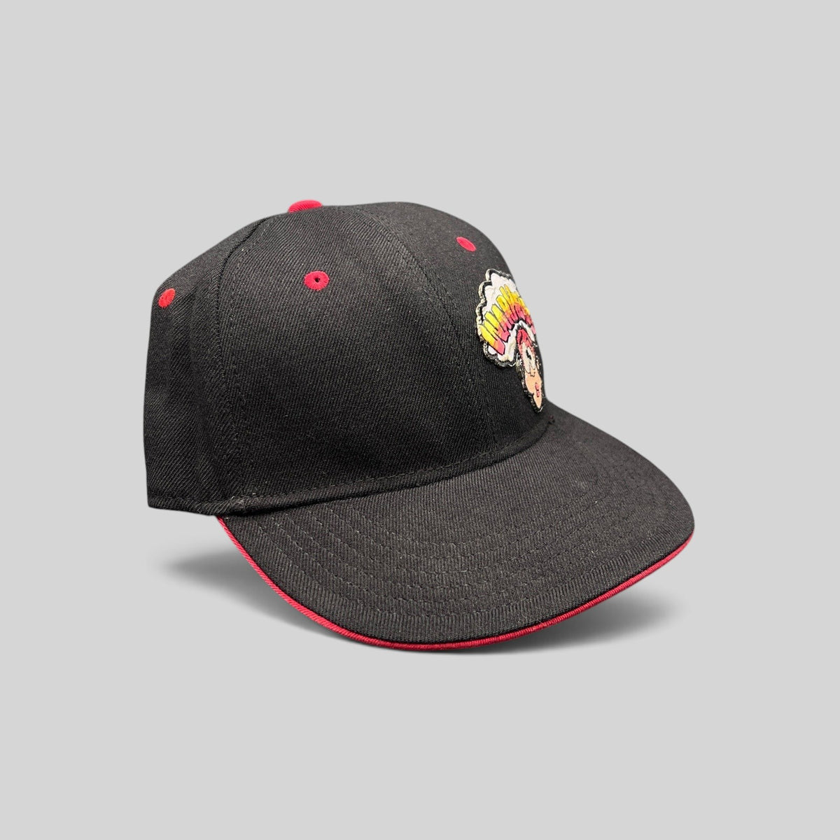 Raree Finds vintage Y2K Warheads candy promo hat with black structured crown, red brim, and embroidered logo.