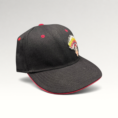 Raree Finds vintage Y2K Warheads candy promo hat with black structured crown, red brim, and embroidered logo.