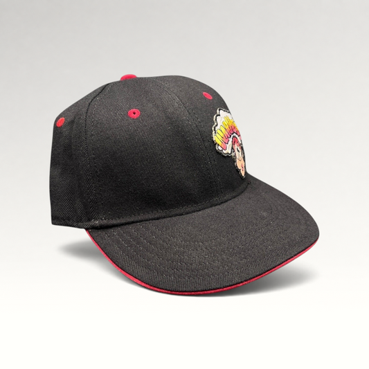 Raree Finds vintage Y2K Warheads candy promo hat with black structured crown, red brim, and embroidered logo.