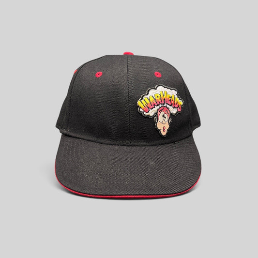 Raree Finds vintage Y2K Warheads candy promo hat with black crown, red brim, and embroidered logo on Otto Flex base