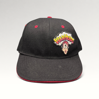 Raree Finds vintage Y2K Warheads candy promo hat with black crown, red brim, and embroidered logo on Otto Flex base