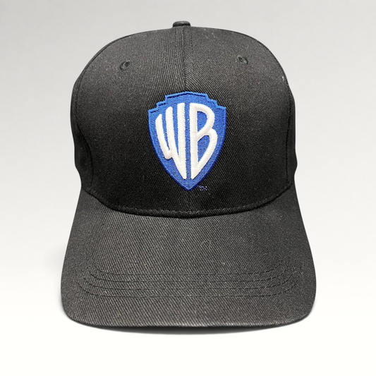 Raree Finds black fitted hat featuring an embroidered blue and silver Warner Bros WB shield logo on the front crown.