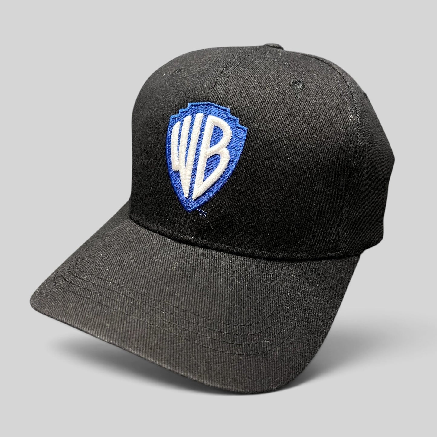 Raree Finds black fitted hat with blue and silver embroidered Warner Bros WB shield logo and curved brim