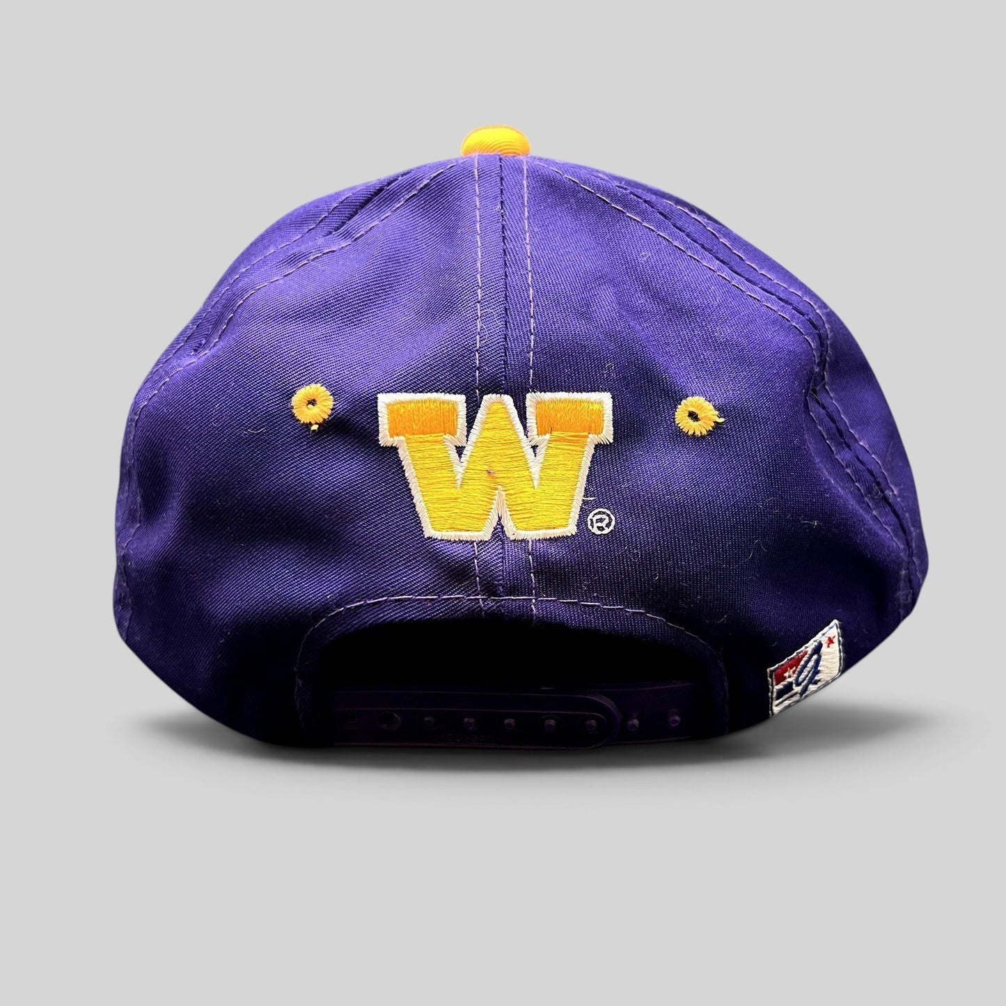Raree Finds vintage Washington Huskies snapback hat in purple with gold embroidered W logo and adjustable closure