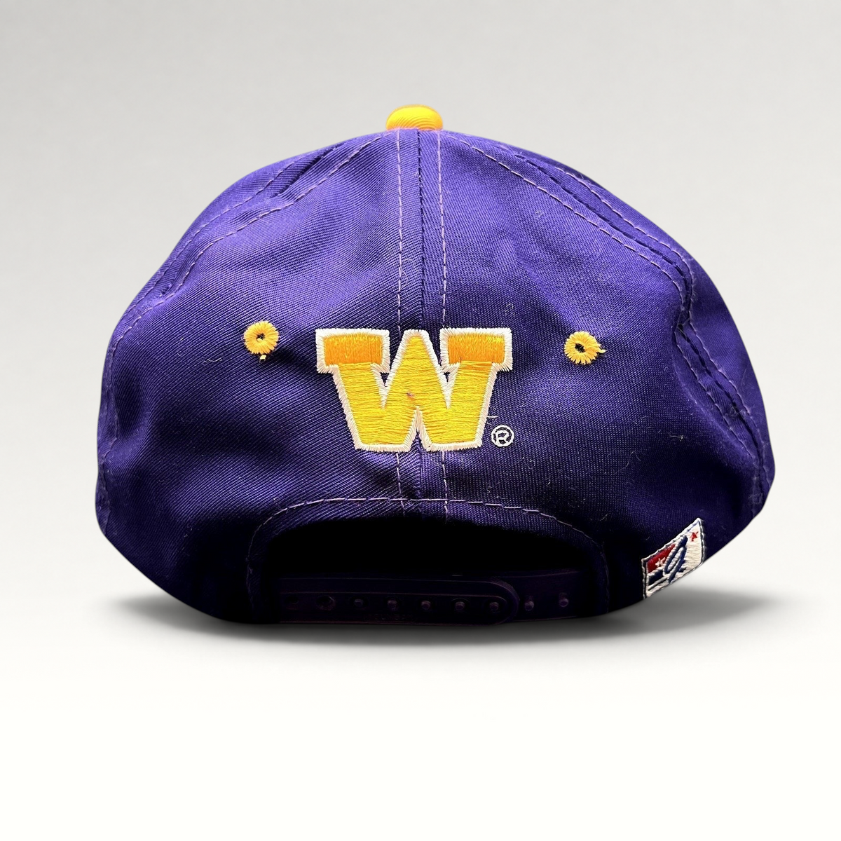 Raree Finds vintage Washington Huskies snapback hat in purple with gold embroidered W logo and adjustable closure