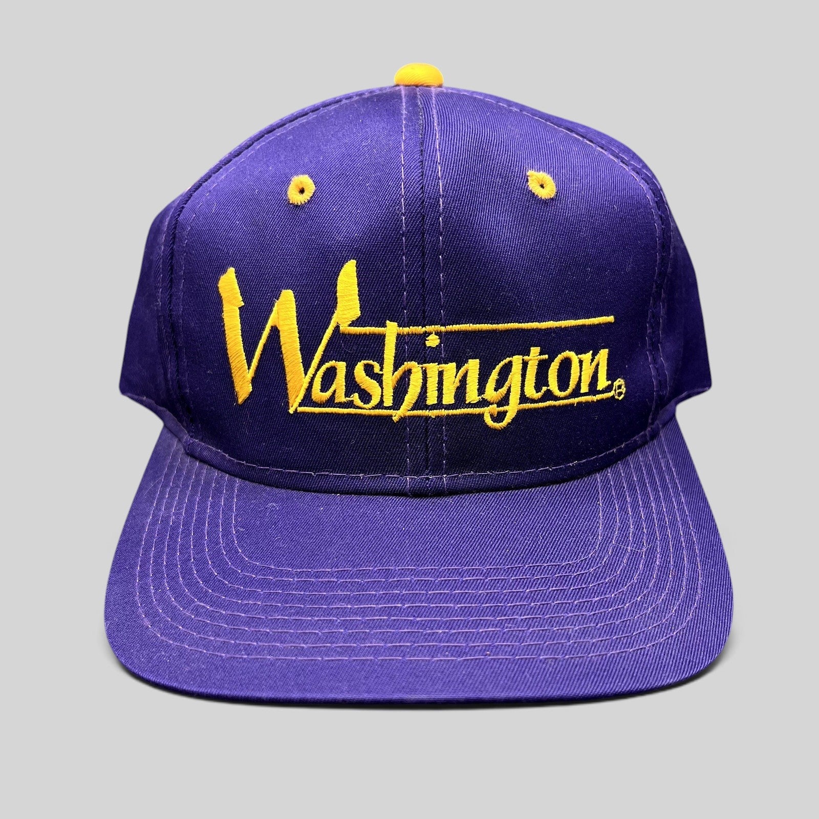 Raree Finds vintage Washington Huskies snapback hat in purple with gold embroidered script and structured crown