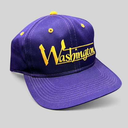 Raree Finds vintage Washington Huskies snapback hat in purple with gold embroidered script and structured crown.