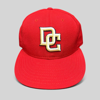Raree Finds vintage Washington Nationals 59FIFTY fitted cap in red with gold and navy interlocking DC logo embroidery