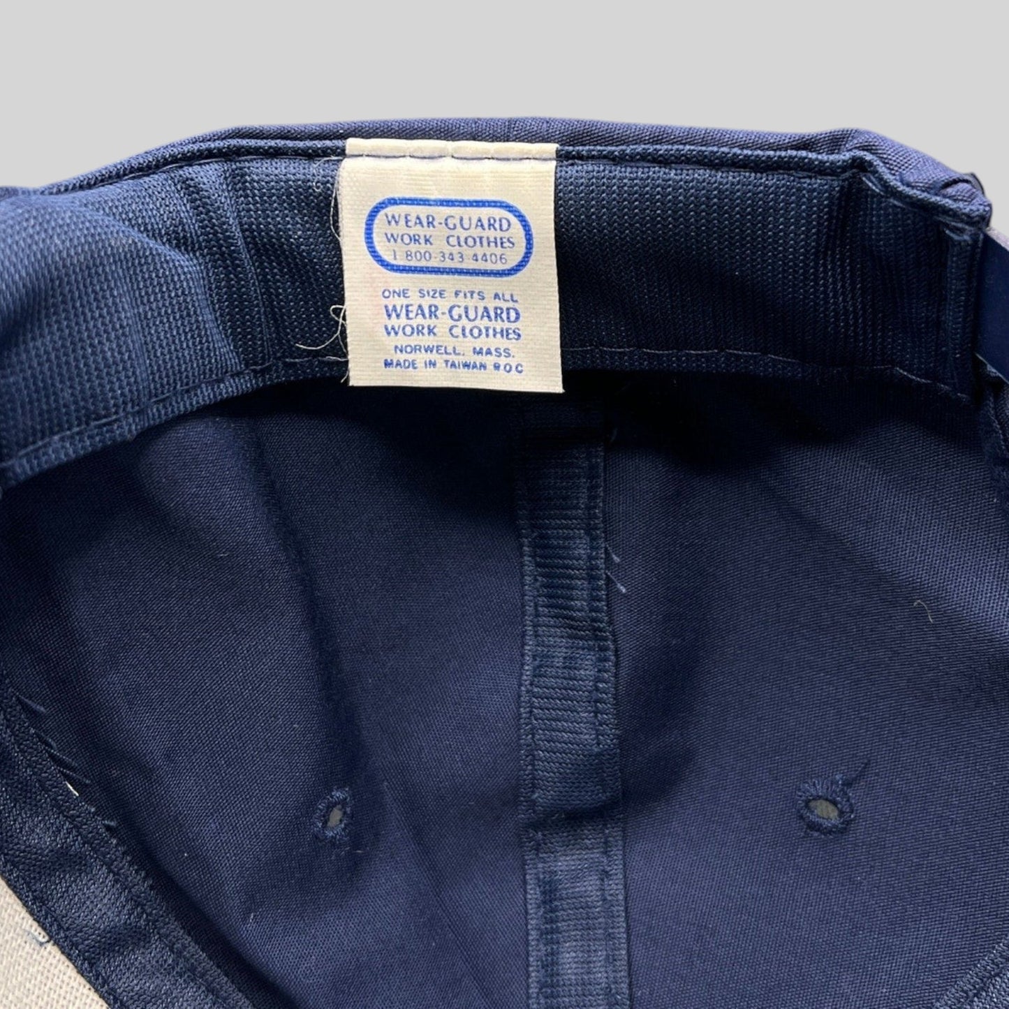 Raree Finds vintage Wear-Guard Work Clothes snapback hat interior label showing brand details and origin