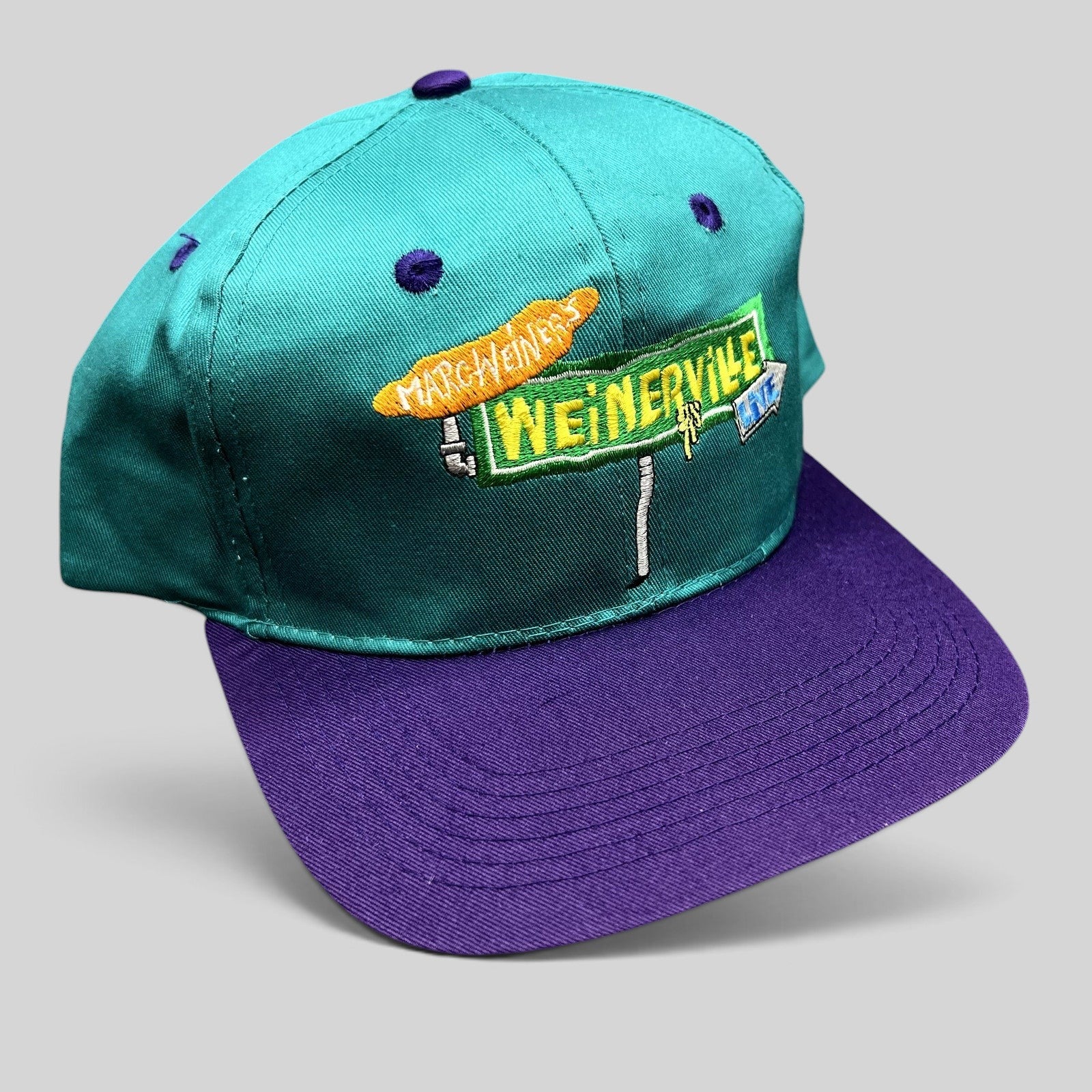 Raree Finds vintage 90s Nickelodeon Weinerville snapback hat in teal and purple with embroidered street sign logo