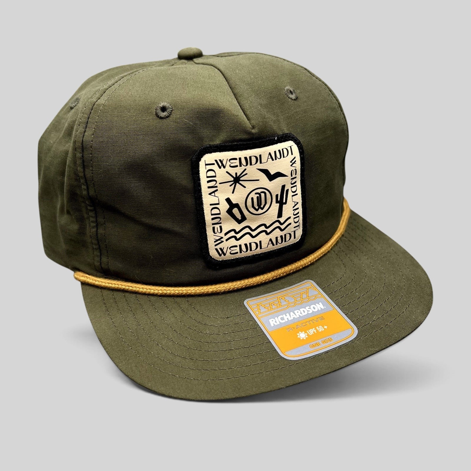 Raree Finds olive green Wendlandt Brewery snapback hat with a woven patch logo and decorative rope on the brim.