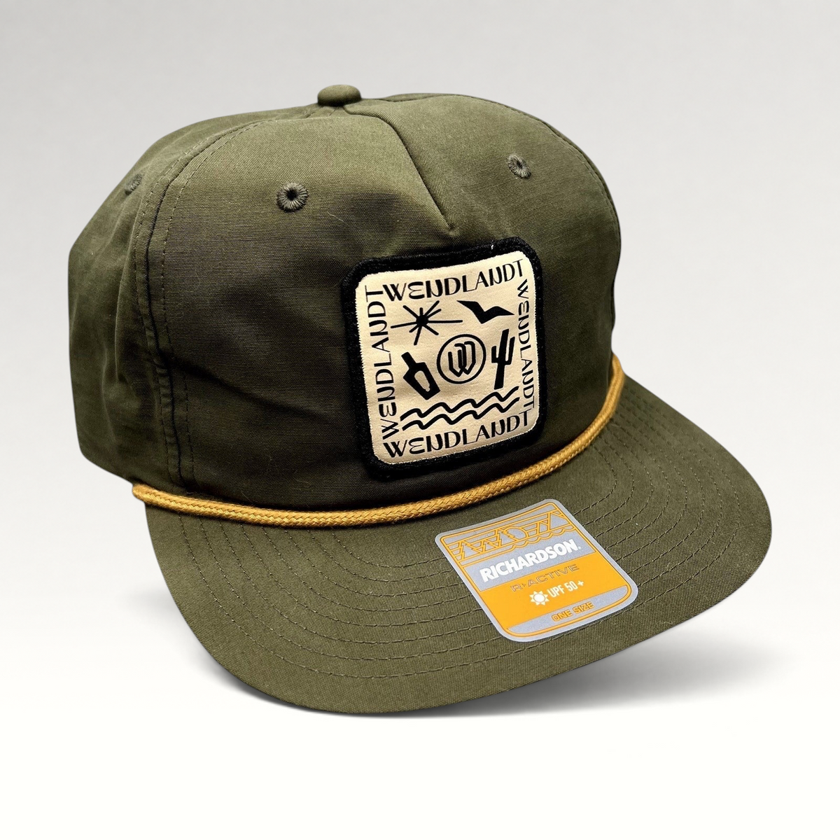 Raree Finds olive green Wendlandt Brewery snapback hat with a woven patch logo and decorative rope on the brim.