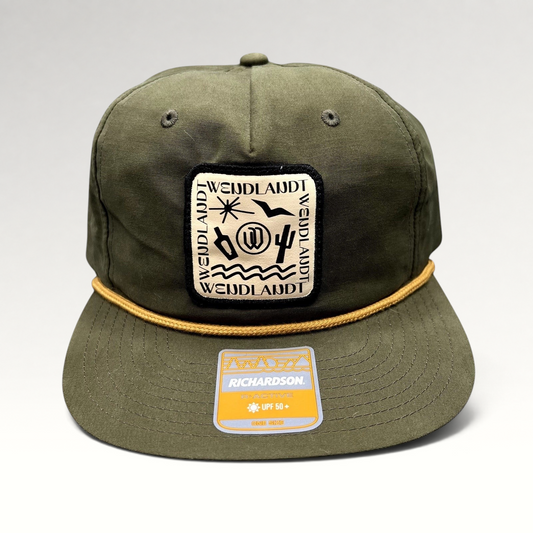 Raree Finds olive green Wendlandt Brewery snapback hat with a woven front patch and rope detail on the brim.