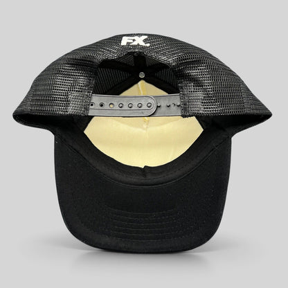 Raree Finds What We Do in the Shadows promo trucker hat back view with black mesh, snapback closure, and FX logo