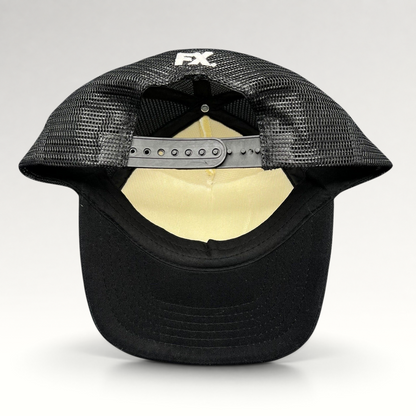Raree Finds What We Do in the Shadows promo trucker hat back view with black mesh, snapback closure, and FX logo