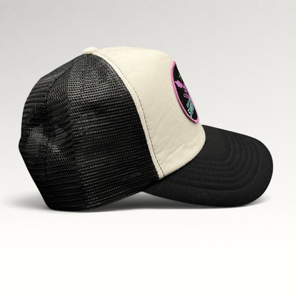 Raree Finds What We Do In The Shadows promo trucker hat in black and cream with gothic bat-winged skull patch