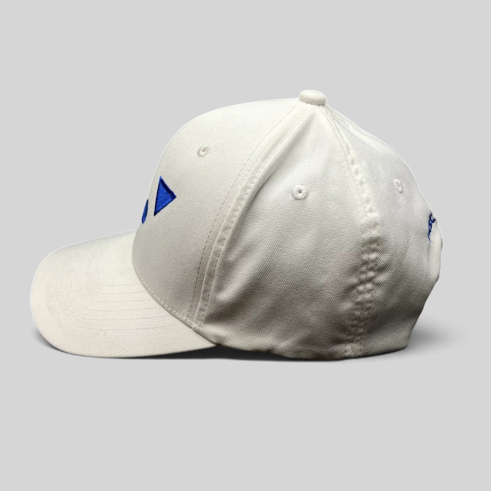 Raree Finds white Flexfit NU snapback hat with royal blue geometric logo embroidery, side profile view.