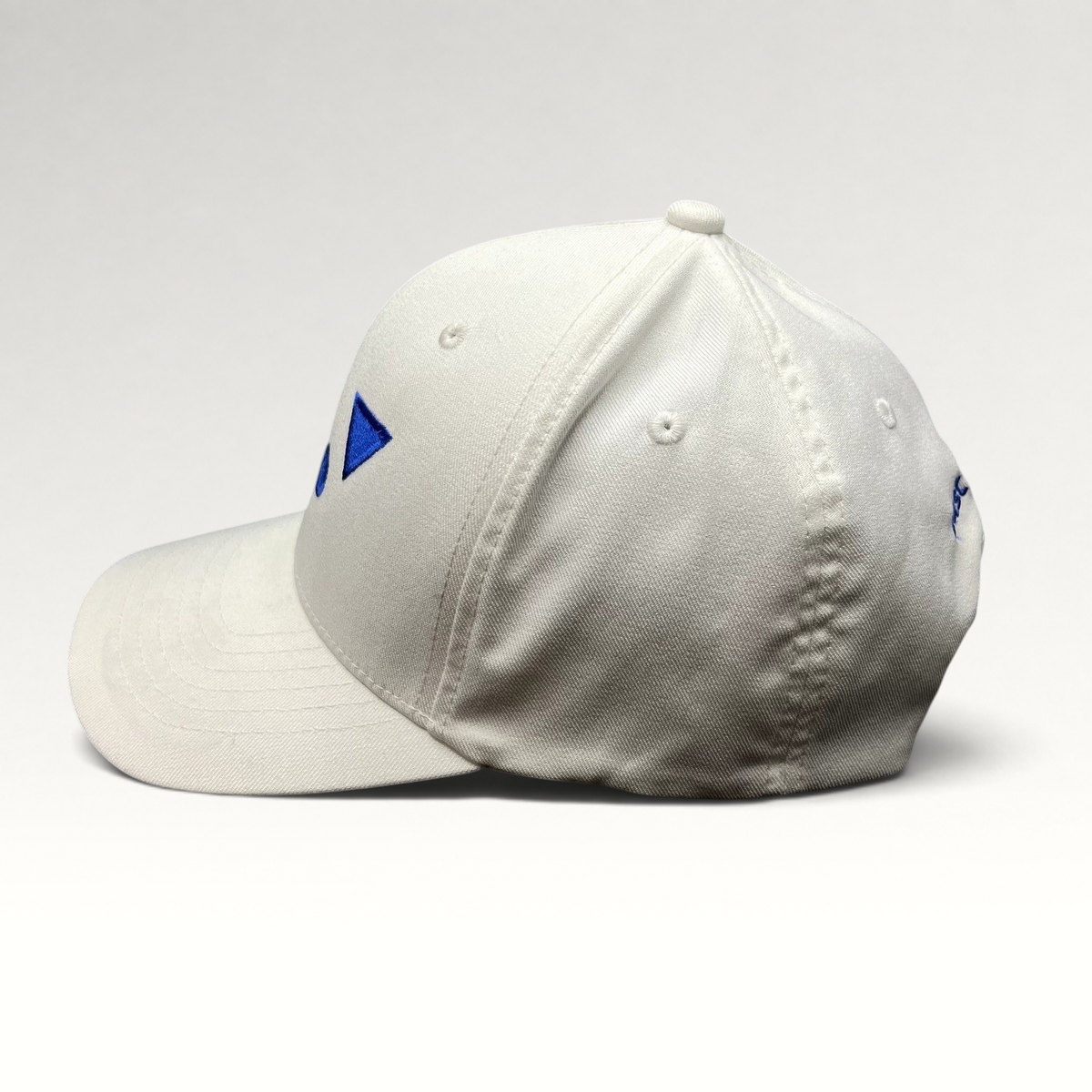 Raree Finds white Flexfit NU snapback hat with royal blue geometric logo embroidery, side profile view.