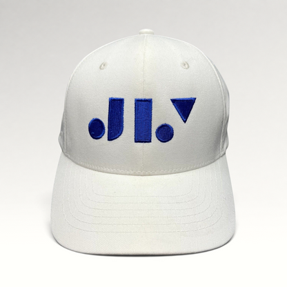 Raree Finds white Flexfit NU snapback hat with a royal blue geometric Just Like You Films logo on the front