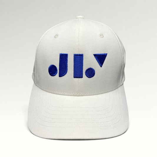 Raree Finds white Flexfit NU snapback hat with a royal blue geometric Just Like You Films logo on the front