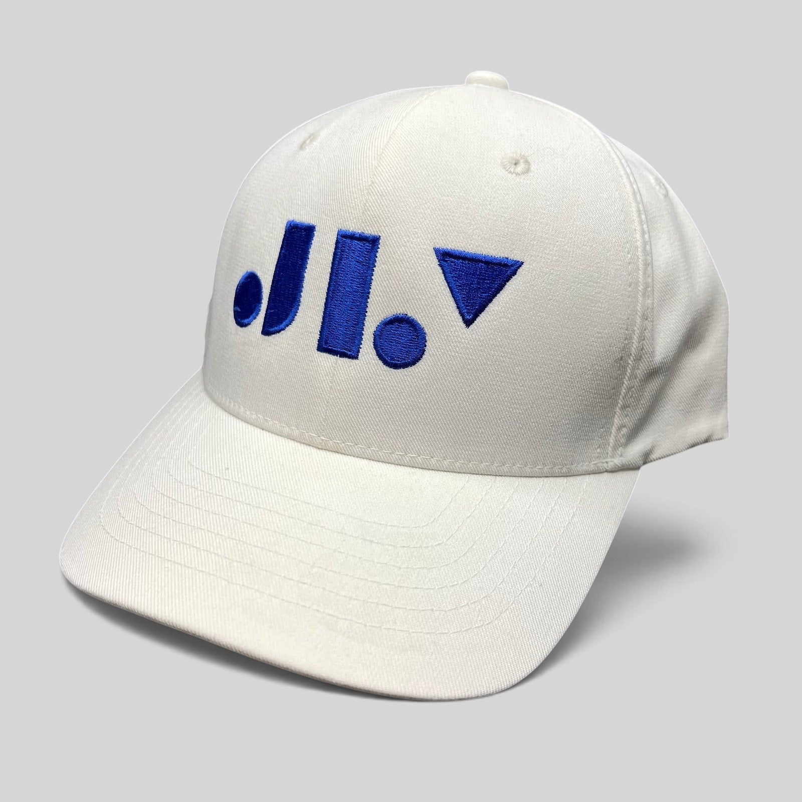 Raree Finds white Flexfit NU snapback hat with royal blue geometric logo embroidery on the front crown