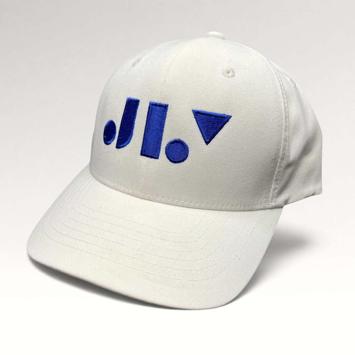 Raree Finds white Flexfit NU snapback hat with royal blue geometric logo embroidery on the front crown